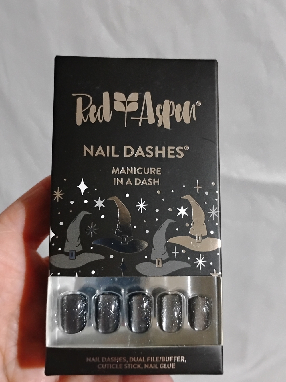 Red Aspen Nail Dashes Glittery Silver Press-On Nails Witchful Thinking Waverly